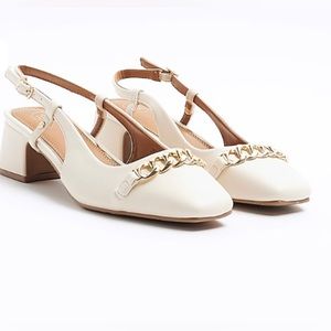 River Island Cream Chain Sling Back Heeled Court Shoes